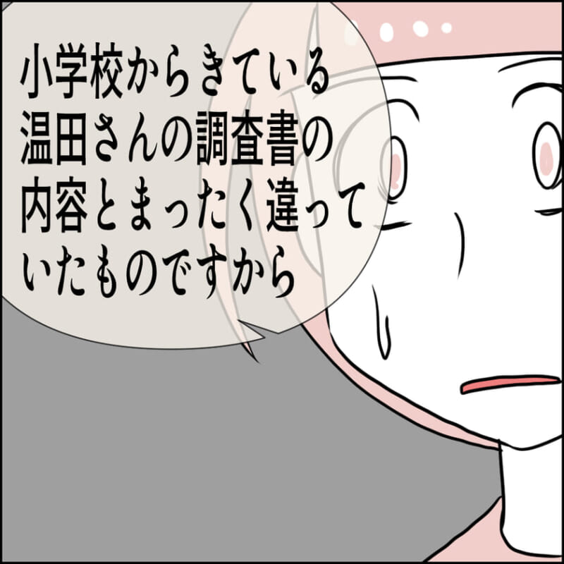 驚いた表情の女性キャラクターが、灰色背景の中で「小学校からきている温田さんの調査書の内容と印象がまったく違っていたので…」と発言している漫画コマ。意味深な雰囲気と緊張感のある場面。 